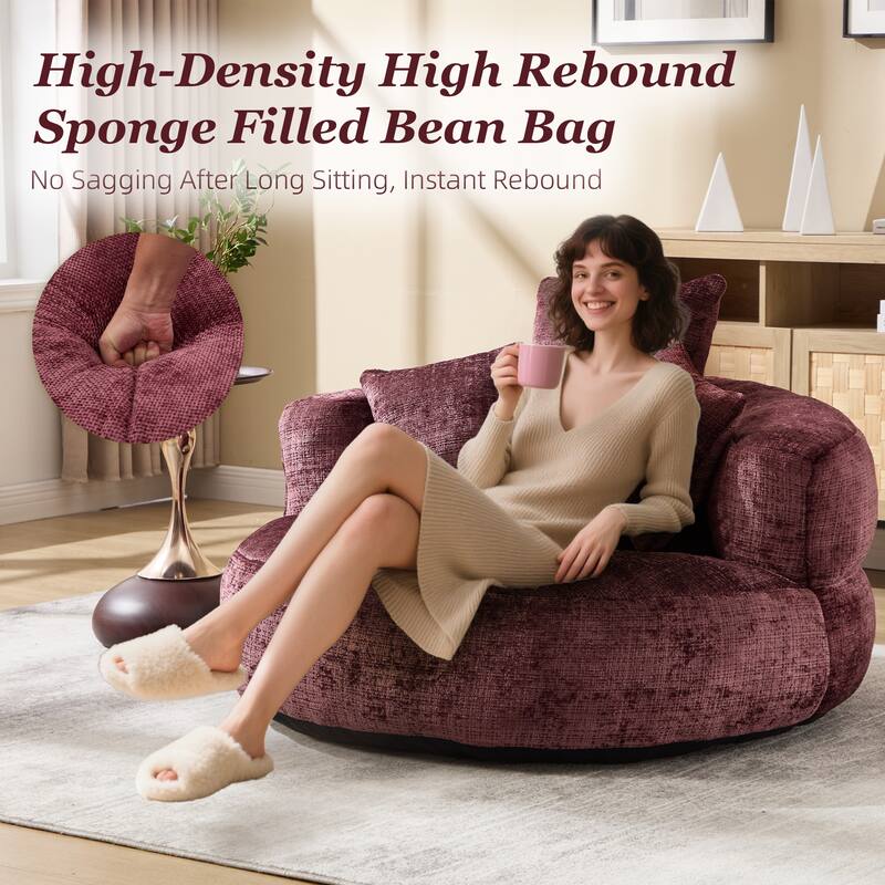 Chenille Upholstered Durable Comfort Lounger High Back Bean Bag Lazy Sofa With Three Pillows