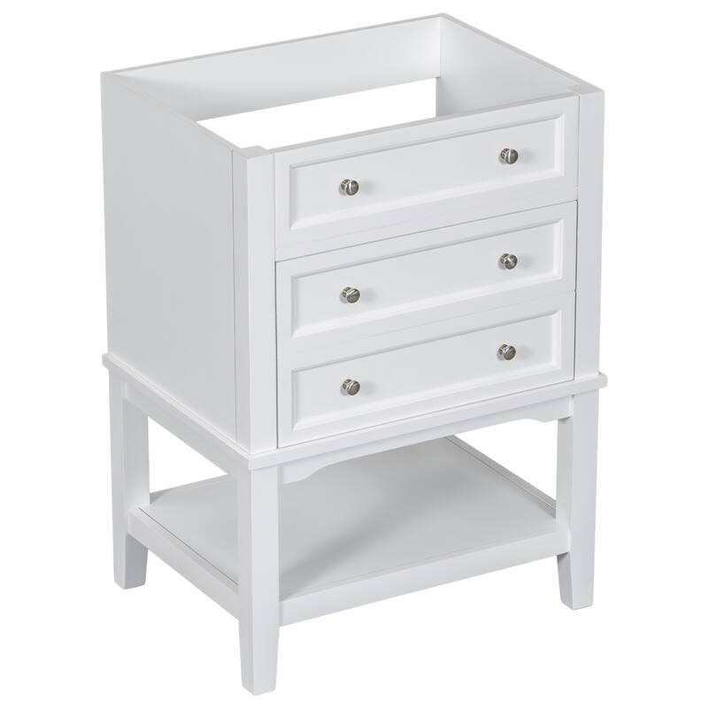 24" White Bathroom Vanity Base - Solid Wood & MDF Cabinet, Open Shelf & Drawer, Freestanding Design