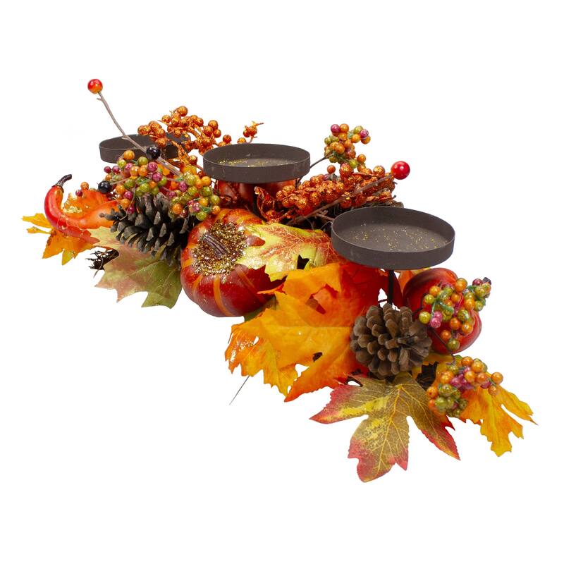 21" Orange Fall Harvest Leaves and Pumpkins Candle Holder