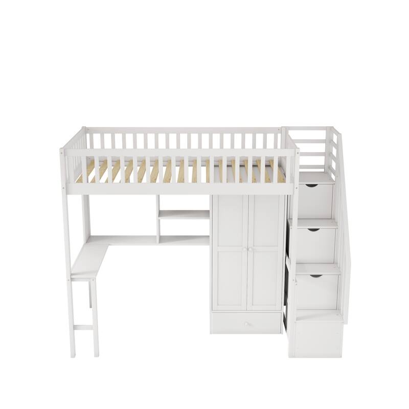 Twin size Loft Bed with Bookshelf,Drawers,Desk,and Wardrobe