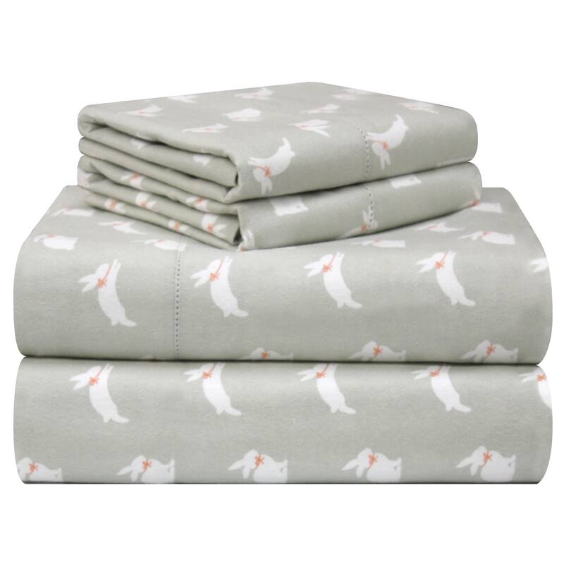 Pointehaven Printed Cotton Flannel Hemstitch Deep Pocket Bed Sheet Set - Queen - Bunnies