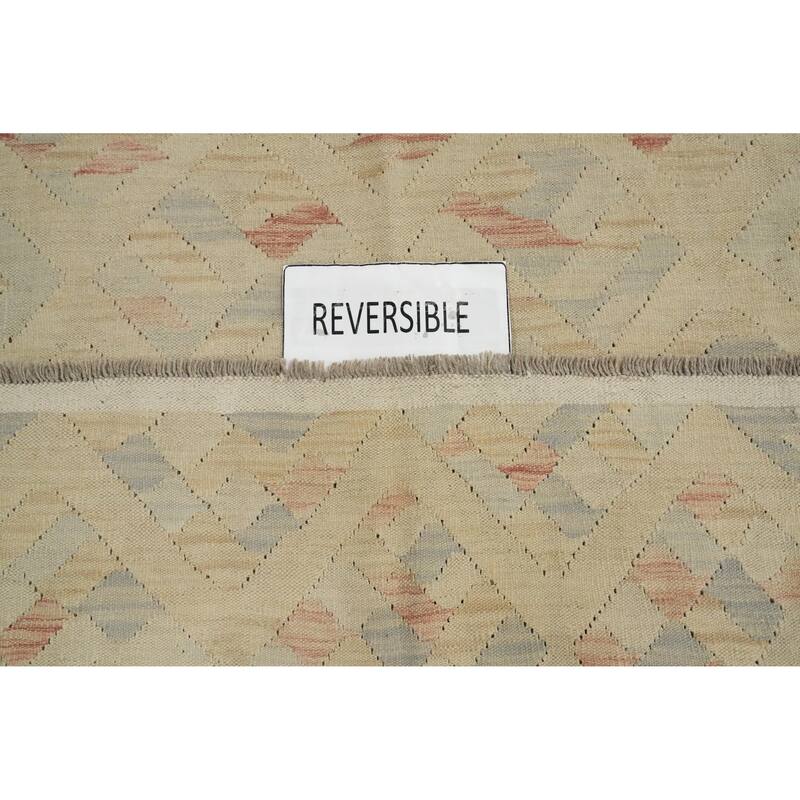 Hand Woven Oriental 100% Wool Carpet Southwestern Tribal Beige & Ivories Kilim Area Rug - 9' 8'' X 6' 8''