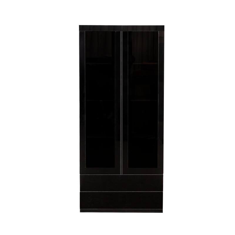 GDF Studio - Poll Modern 70.87" Tall Display Cabinet with Glass Doors, LED Lights, and Drawers - 2-Drawer