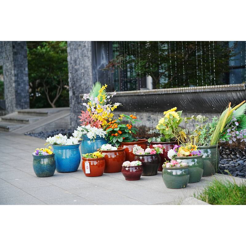 Antique Teal Ceramic Planter Set of 3 - 14.6" Square Modern Plant Pots with Drainage & Stripes