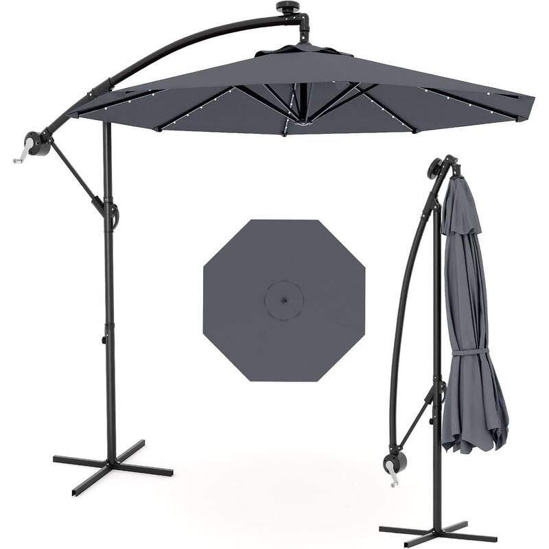 10FT Patio Outdoor Offset Umbrella with Lights for Deck Poolside Lawn Backyard - Grey