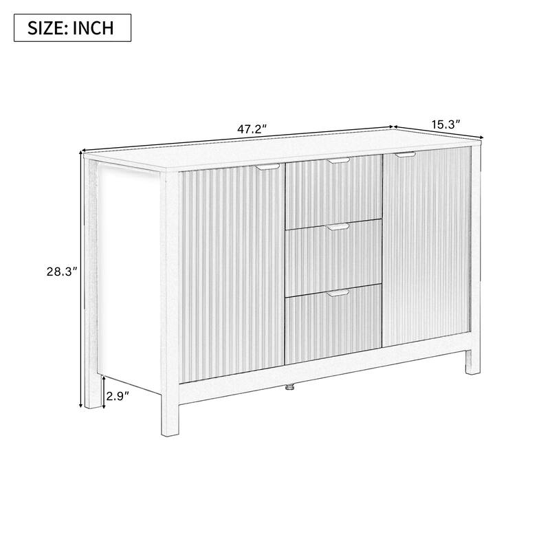 Sideboard with Wave Design - 3 Adjustable Shelves, 3 Drawers & Soft-Close Doors, Storage Console Table with Metal Handles