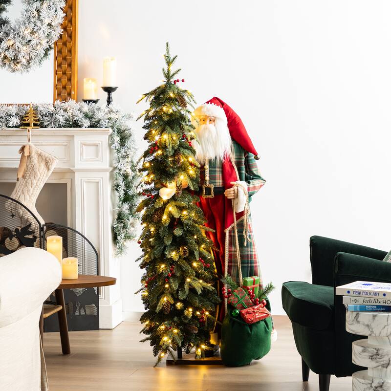 Glitzhome 4ft Oversized Woodland Santa with 5ft LED Lighted Green Artificial Christmas Tree