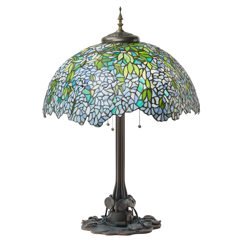 Wisteria River of Goods Tiffany-Style Green and Blue Stained Glass 32-Inch Table Lamp - 22.5" x 22.5" x 32" - 22.5" x 22.5" x 32" - Purple/Green/Antique Bronze