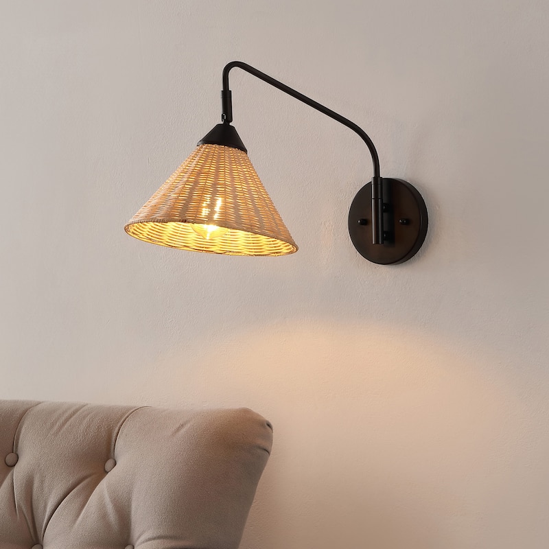 Lily 11" 1-Light Vintage Coastal Rattan/Metal Swing Arm LED Sconce, Black/Natural, by JONATHAN Y
