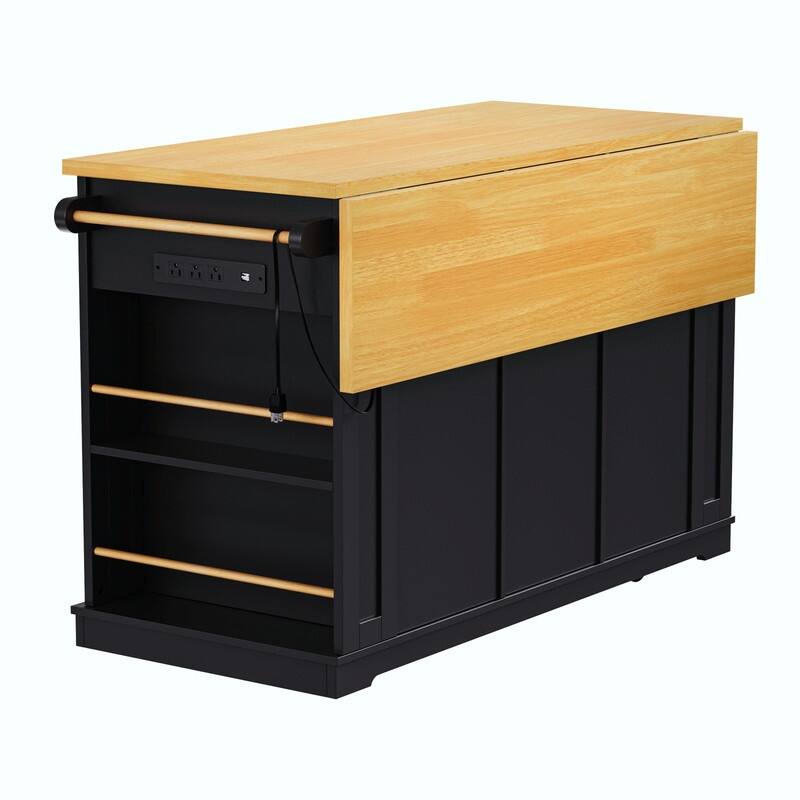 53" Rolling Kitchen Island with Drop Leaf, Power Outlet & Internal Door Storage, 5 Open Side Racks