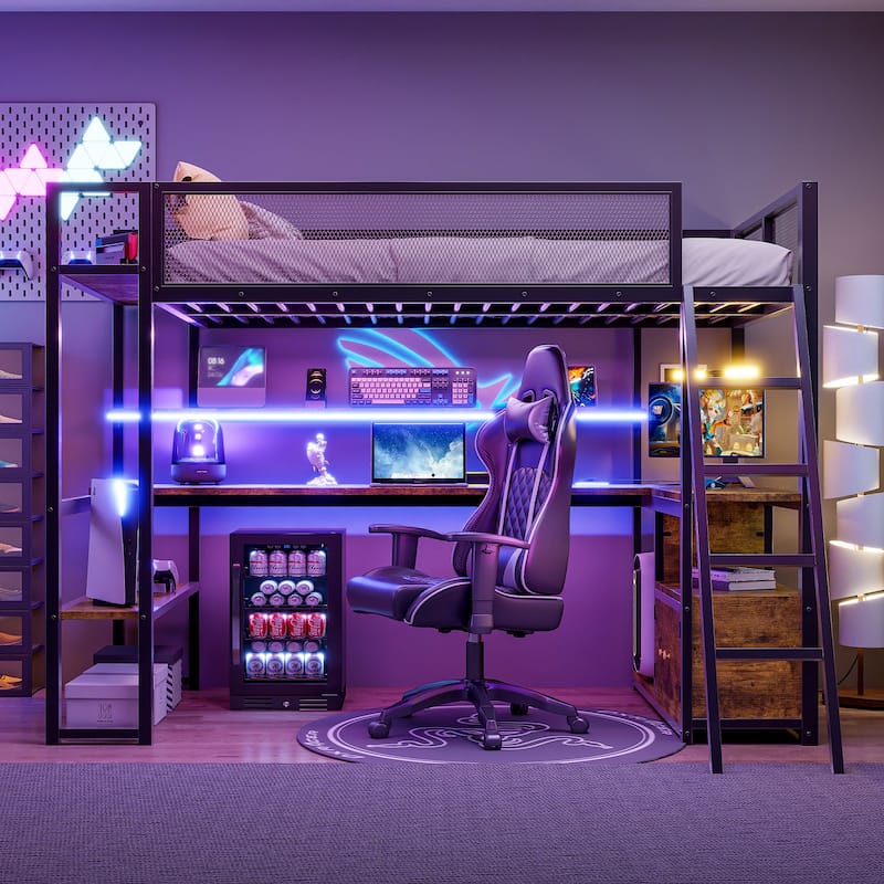 Metal Loft Bed Twin Size Bed Frame with Long Desk and Several Storage Shelves Under the Bed, Controllable LED & Charging Station