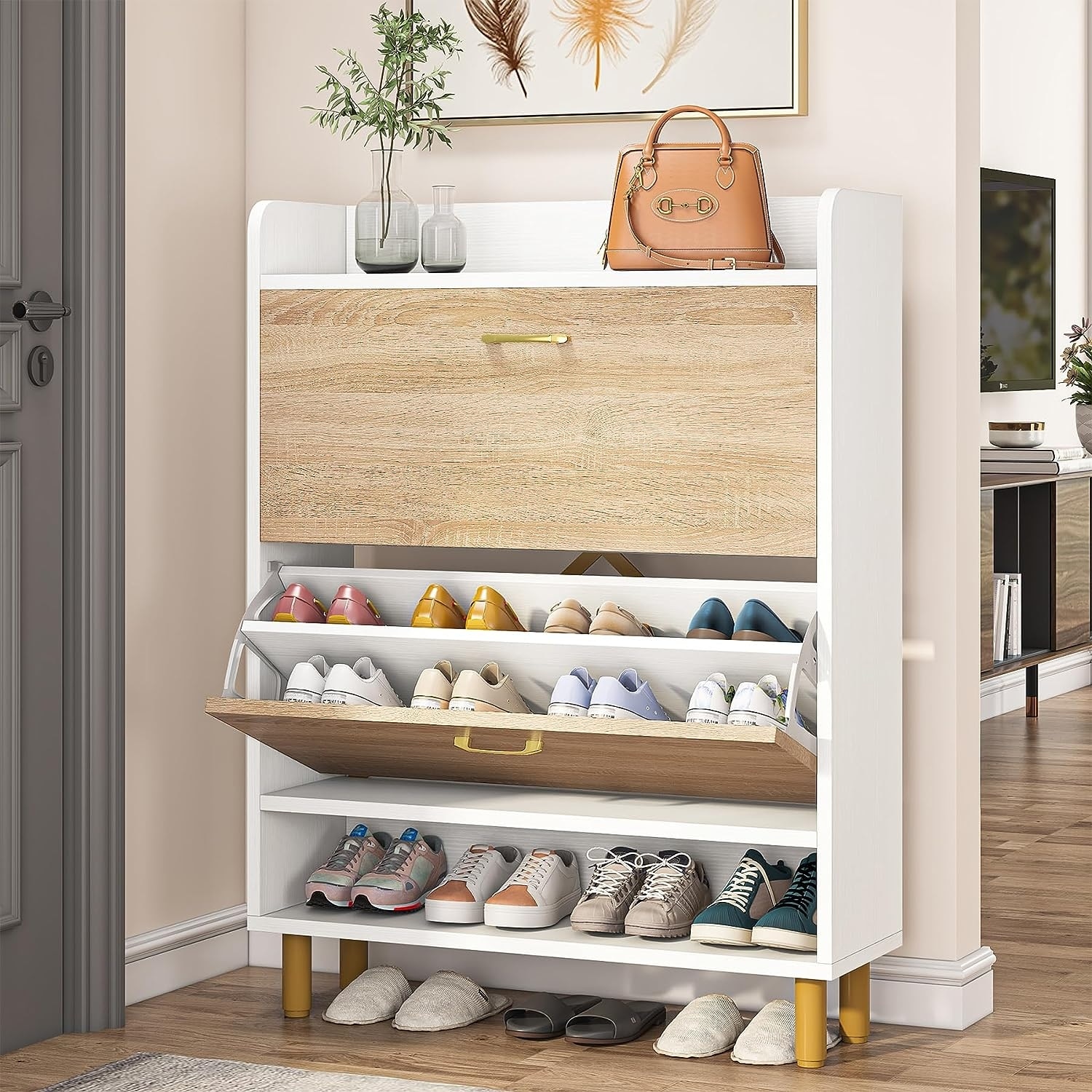 Shoe Storage Cabinet 24 Pair Shoe Storage with 2 Drawers Brown White 2 Tier Bed Bath Beyond 36087055