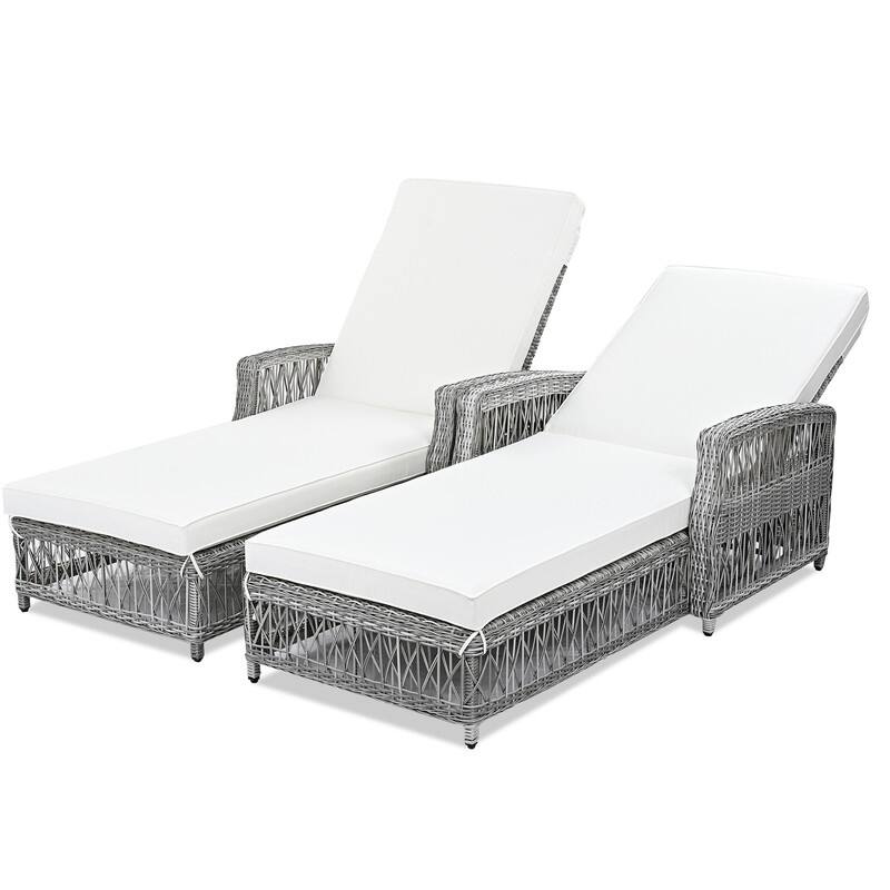 2-Piece Outdoor Reclining Chaise Lounge Set – Adjustable Wicker Poolside Chairs with Removable Cushions‌ - Beige+Grey