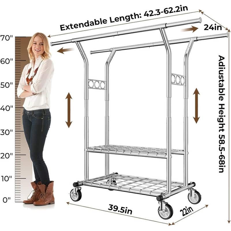 Heavy Duty Clothes Rack Rolling Clothing Rack - 40"D x 22"W x 4"H