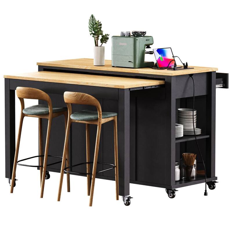 47 inch Kitchen Island with Extendable Dining Table, Rubber Wood Veneer Kitchen Table with Internal Storage Rack, Power Outlet