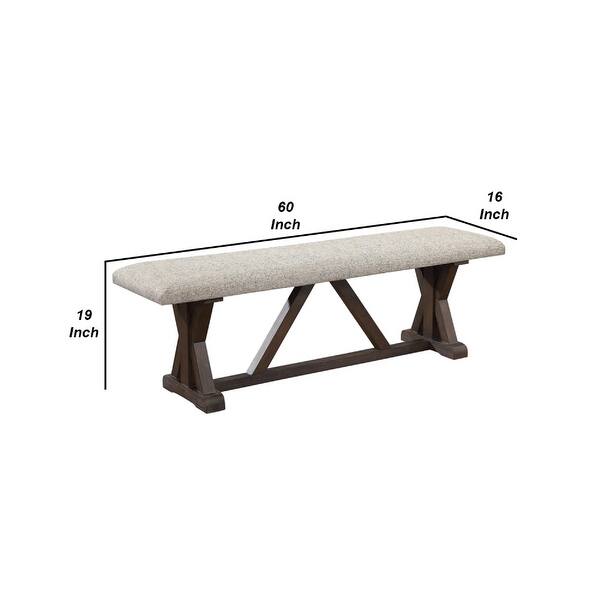 60 Inch Bench, Padded Cushion, X Shaped Trestle Base, Gray, Oak Brown