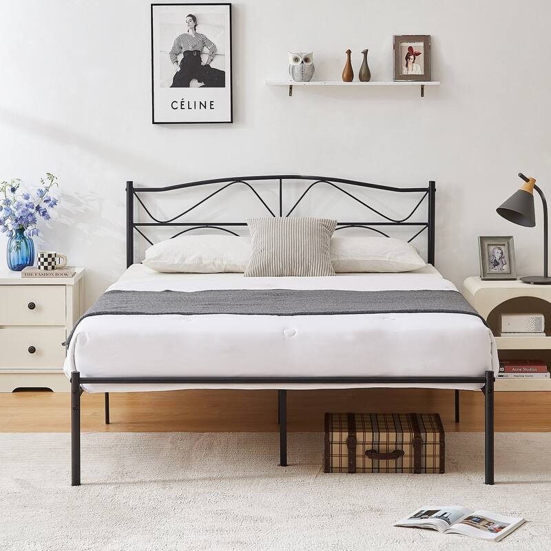 VECELO Wave Design Metal Bed Frame with 12.6" Underbed Storage High Headboard Industrial Platform Bed - Black - Full