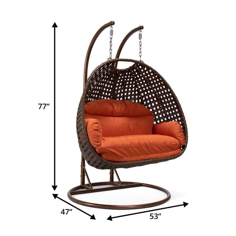 LeisureMod Mendoza Dark Brown 2 Seater Wicker Patio Hanging Double Swing Chair for Patio Porch Backyard Garden - 53"