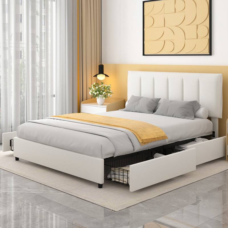 White Bed Frame with 4 Storage Drawers, Upholstered Platform Bed Frame with Adjustable Headboard