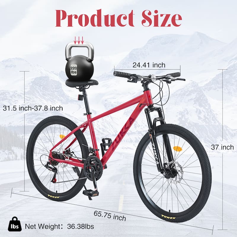 26 Inch Mountain Cycling Bike, 24 Speed Road Bicycle w/Dual Disc Brakes, Suspension Fork KENDA Tires for Teens, 16 Years and Up