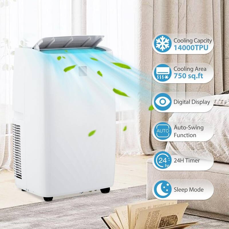 14000 BTU Portable Air Conditioner - 3-In-1 Cool/Fan/Dry, Low Noise, Cools Up to 750 Sq. Ft