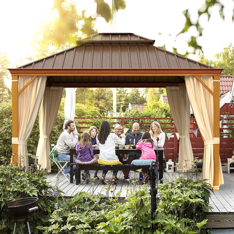EROMMY Hardtop Gazebo with Galvanized Steel Roof and Curtains, Outdoor Aluminum Pavilion for Patio, Backyard, Lawn