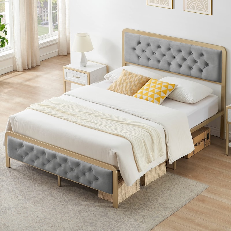 Upholstered Platform Bed Frame with Velvet Button-Tufted Headboard