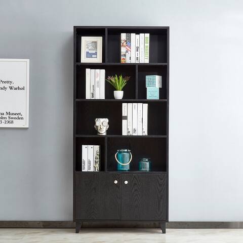 68 in. Black Wood Bookcase Bookshelf with 2 Doors and 7 Shelves