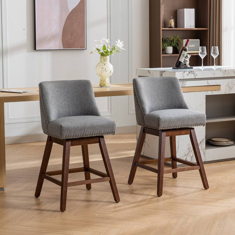 360° Swivel Barstools, Fabric Upholstered Dining Chair, Wood Legs High Bar Chair, Nailhead Trim Guest Chair, Set of 2