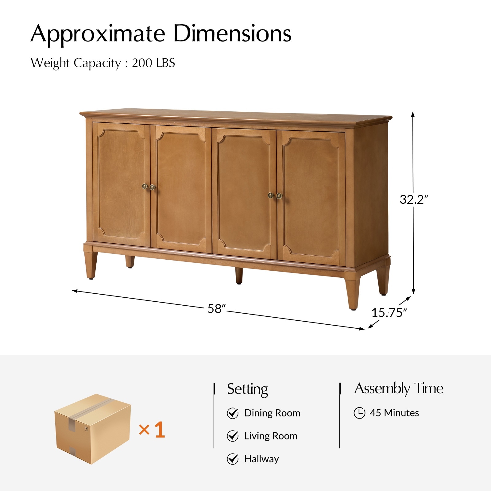 Jane Transitional Solid Wood 58"Wide 4 Door Sideboard By HULALA HOME