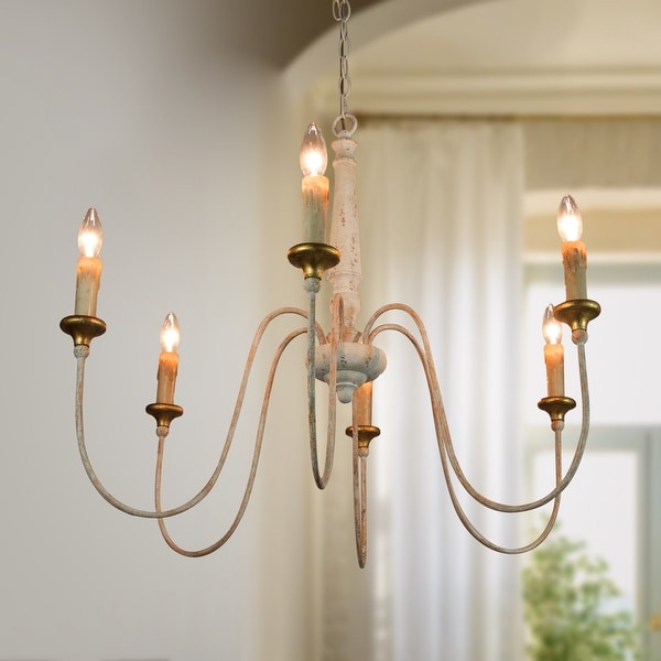 Modern Farmhouse Candle 6 Light Rustic White Chandelier Wood Wheel French Country Dining Room Lighting D30.5 x H25.5