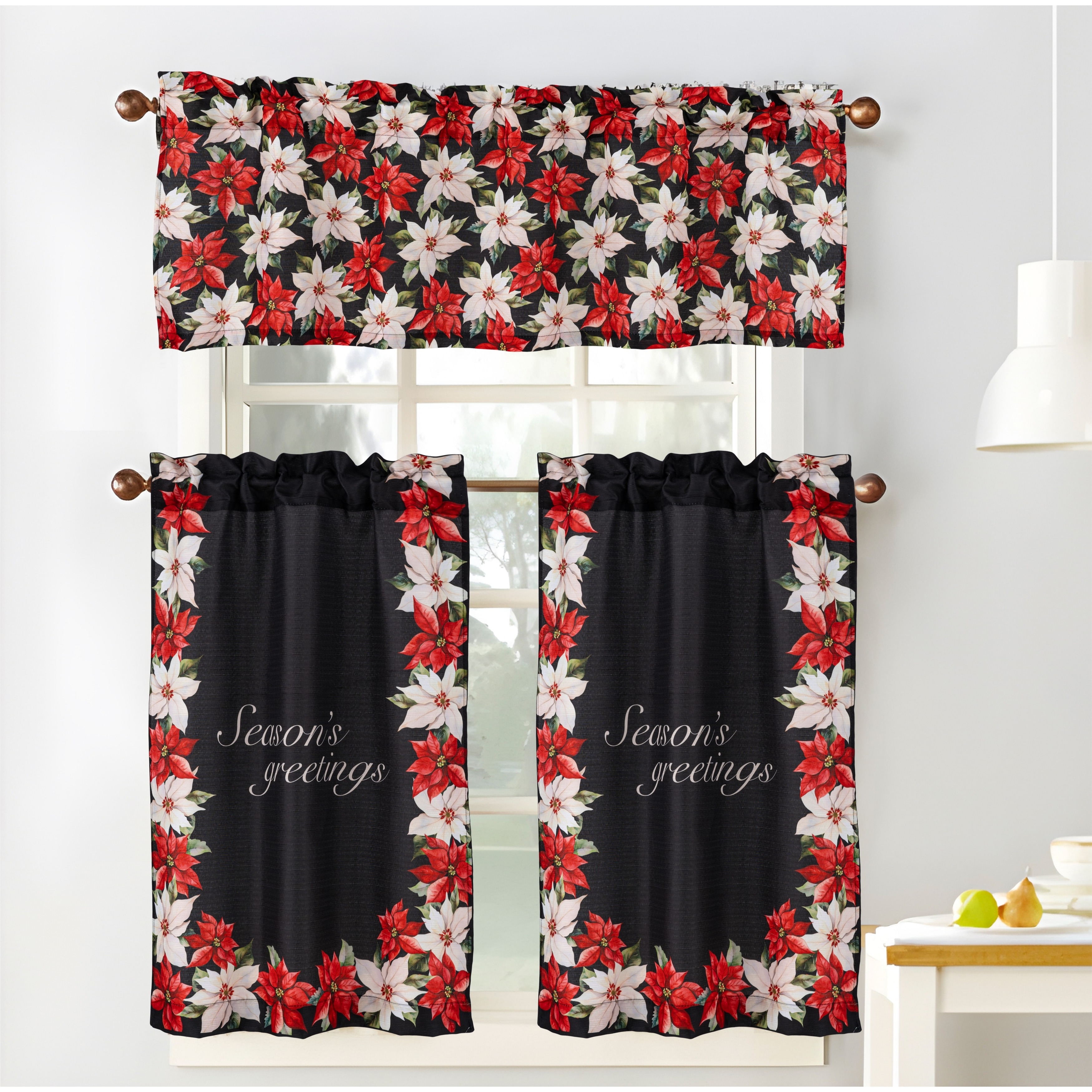 Poinsettia Season Greeting Kitchen Curtain Set - Black