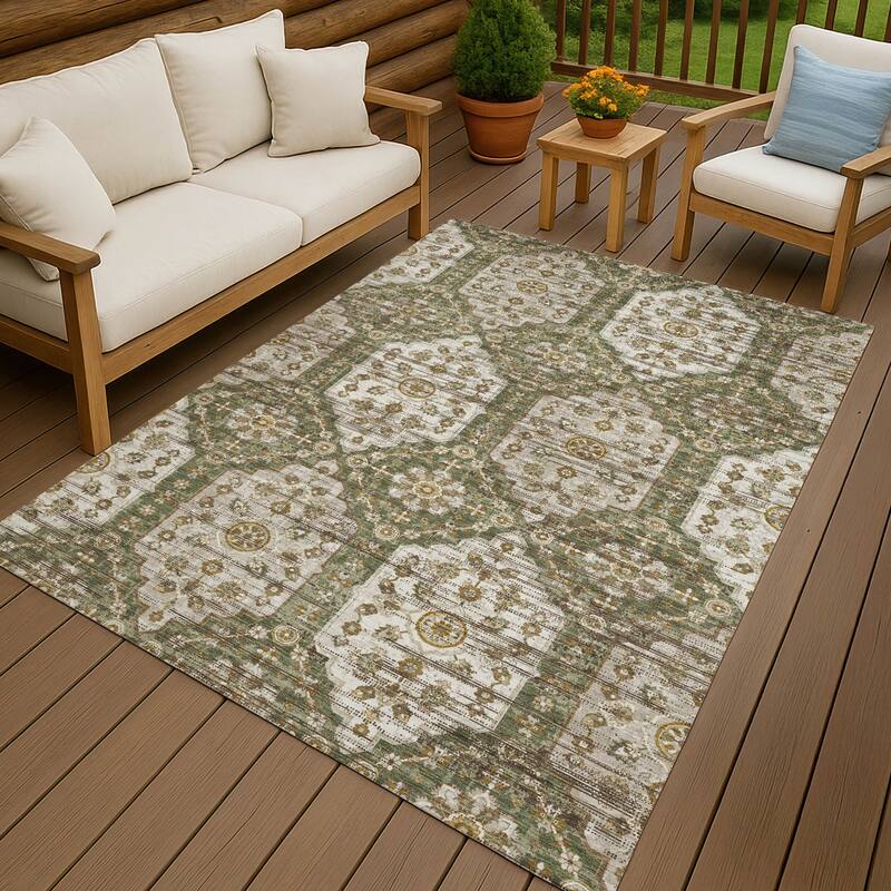 Machine Washable Indoor/ Outdoor Traditional Kiowa Chantille Rug - Olive - 3' x 5'