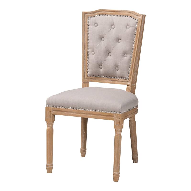 Baxton Studio Estelle Shabby Chic Rustic French Country Weathered Oak Beige Linen Button-tufted Chair
