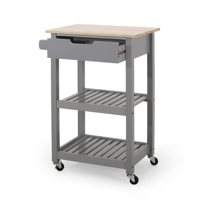 Compact Kitchen Cart with Rubberwood Top, 1 Drawer, 2 Shelves & Towel Holder - Rolling Casters, Modern Style