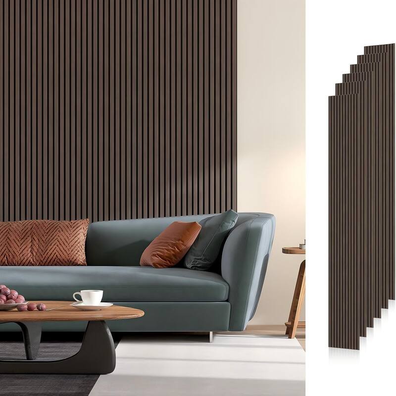 Soundproof Wood Slat Panels Acoustic Wall and Ceiling Panels - 6pcs x 94" x 7.9" - Dark Walnut
