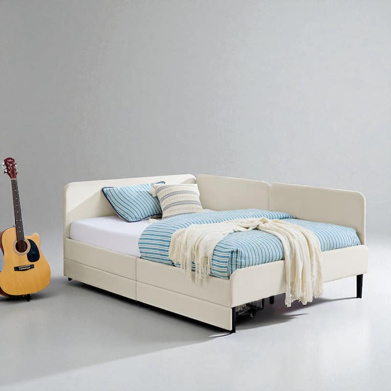 Twin Size Upholstered Platform Sofa Bed with Velvet Cushions and 2 Storage Drawers, Convertible Daybed Frame