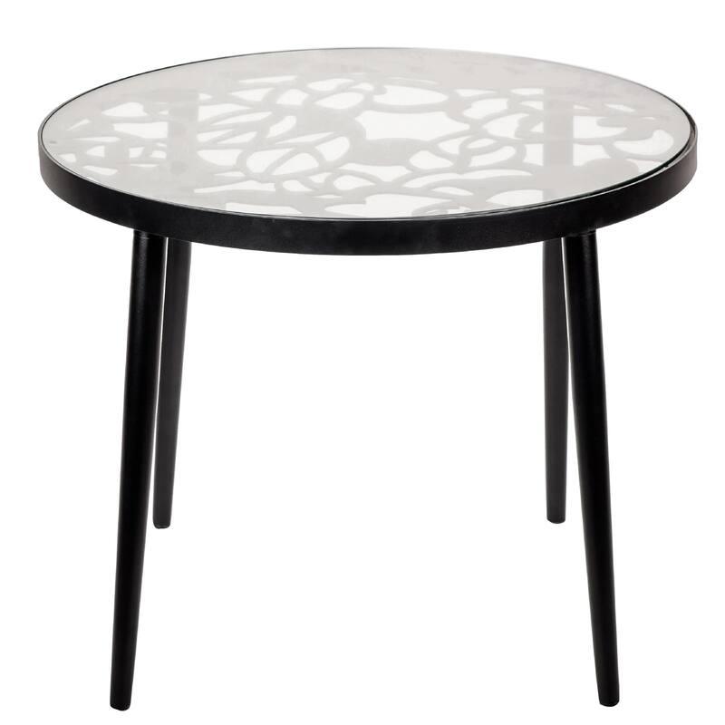 Devon Decorative Modern Floral Cutout Glass Top Patio Coffee Side Table with Aluminum Frame for Indoor Outdoor - 23 x 23 - Black