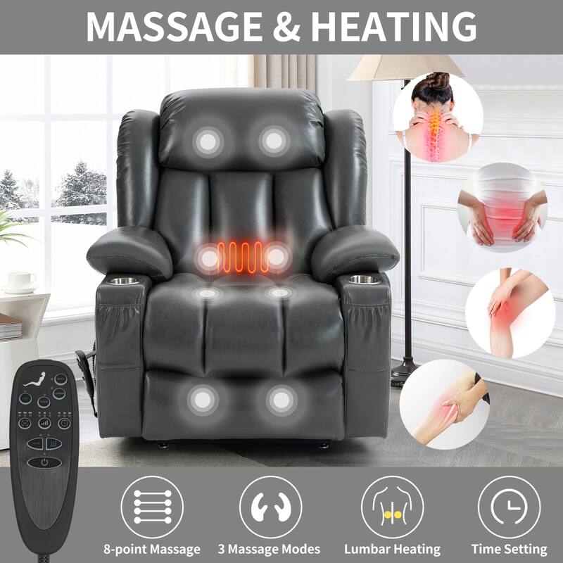 Roomfitters Dual Motor Power Lift Recliner Chair with 180 Degree Flat Recline Heat Massage Sofa with Cup Holders, Grey