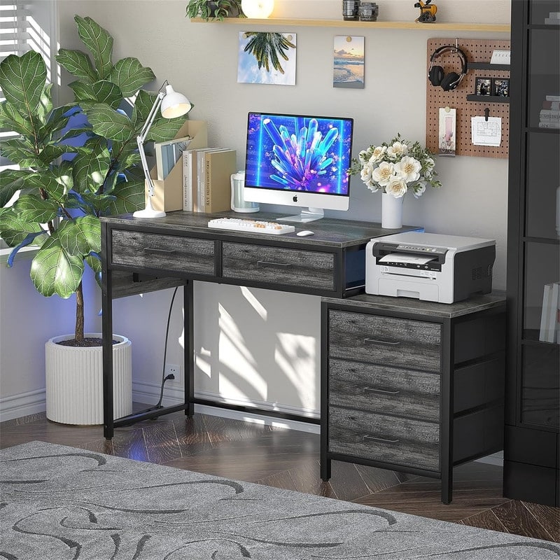 Sturdy Writing Table with File Cabinet Printer Stand - 52"D x 17.7"W x 29.3"H
