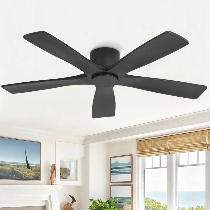 MLiAN 5 Soild Wood Blades Dc Motor Indoor Flush Mount Standard Ceiling Fan With Remote - 54'' - Black