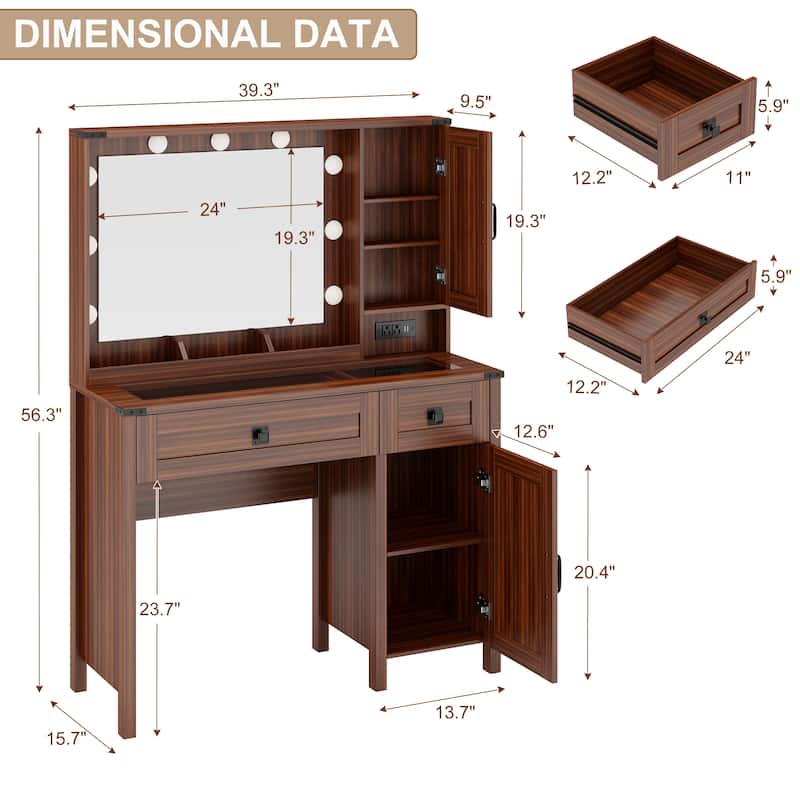 39.3" Farmhouse Makeup Vanity Desk with Mirror and LED Lights, Rustic Vanity Table