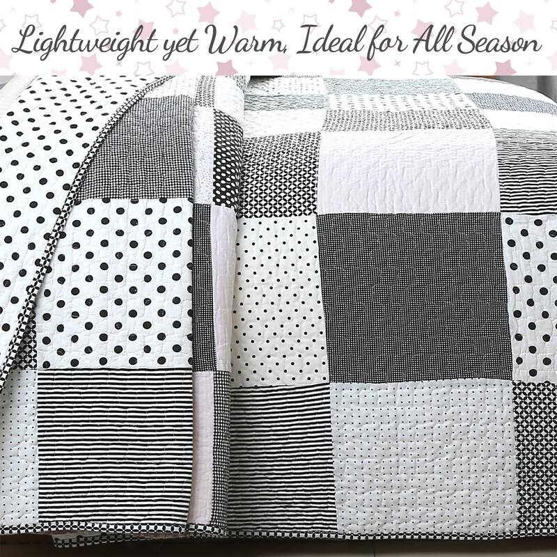 Cozy Line Halftone Black White & Subtle Pink Polka Dot Patchwork Cotton Quilt Bedding Set
