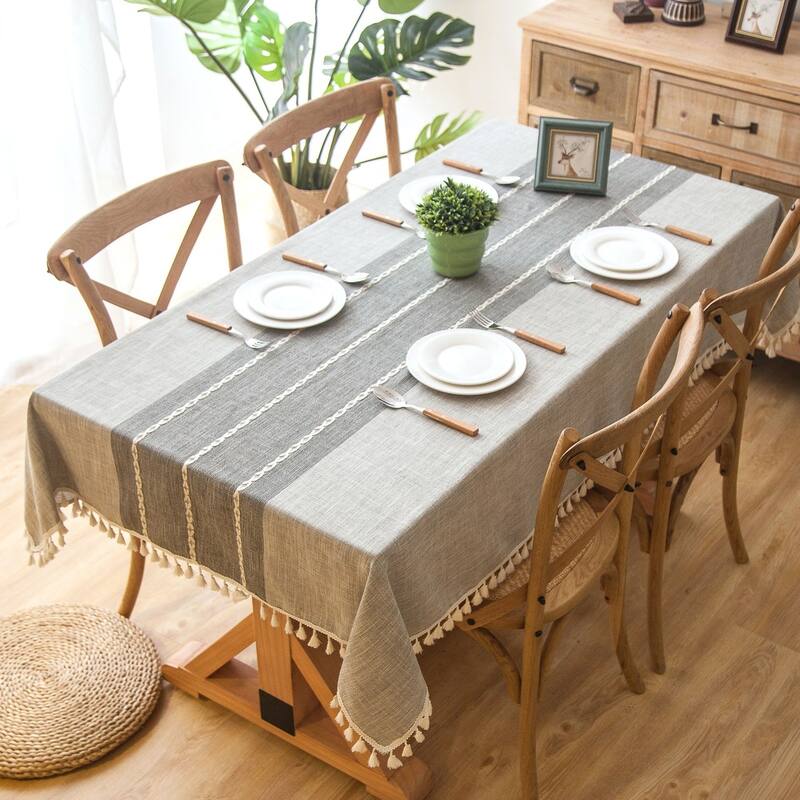 Enova Home 54"x 78" High Quality Rectangle Cotton and Linen Tablecloth with Tassels