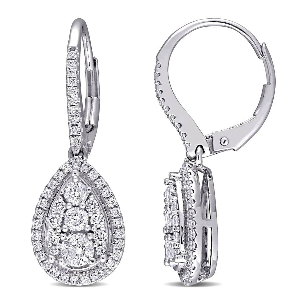 Miadora 10k White Gold 1ct TDW Diamond Composite Teardrop Halo Leverback Earrings