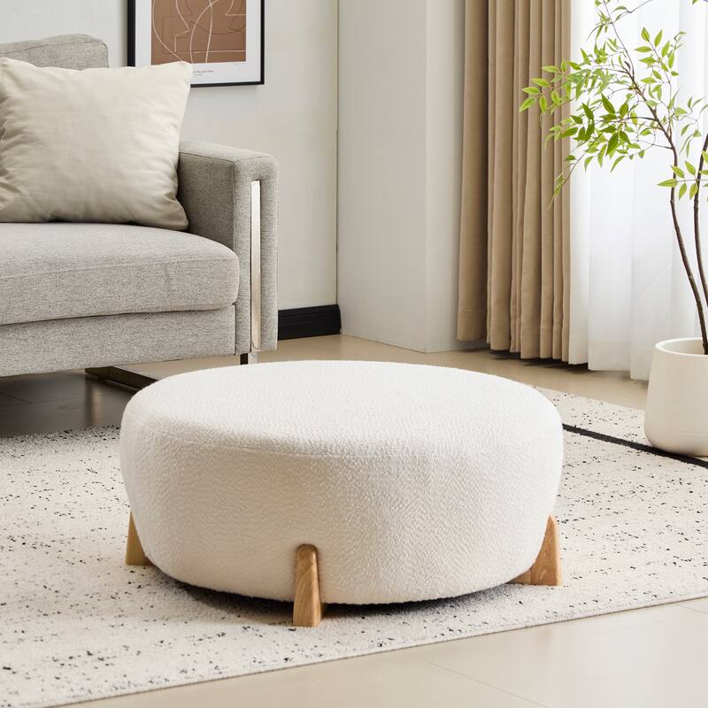 Modish White Round Boucle Ottoman with Splayed Rubber Wood Legs - Natural Wood,White