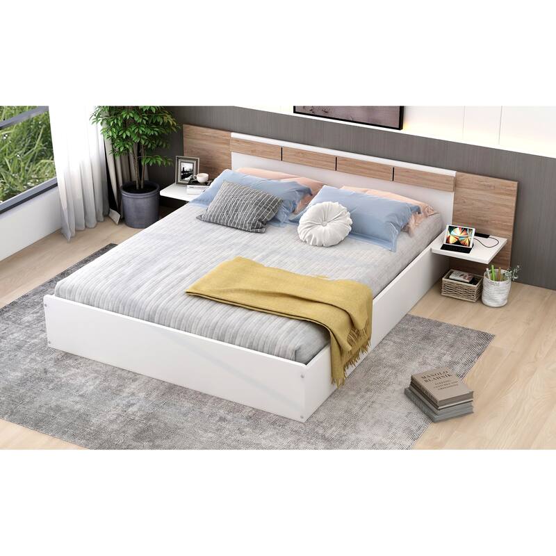 Queen Size Concise Low-Profile Platform Bed Frame with USB Charging
