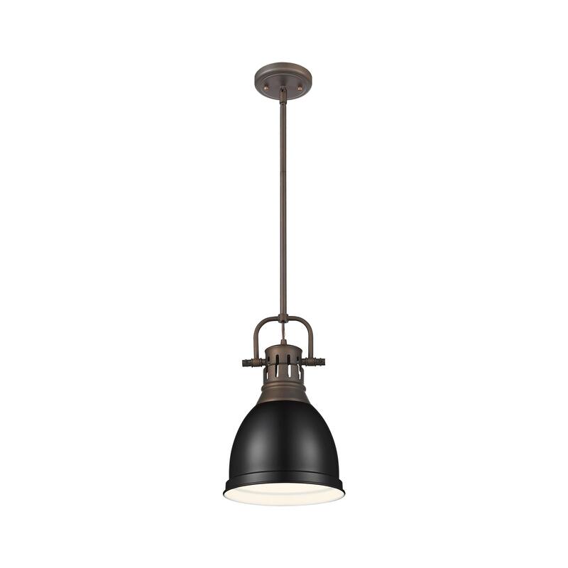 Yep by Golden Lighting Duncan 1-light 9in Rod Hung Pendant in Rubbed Bronze and Matte Black shade