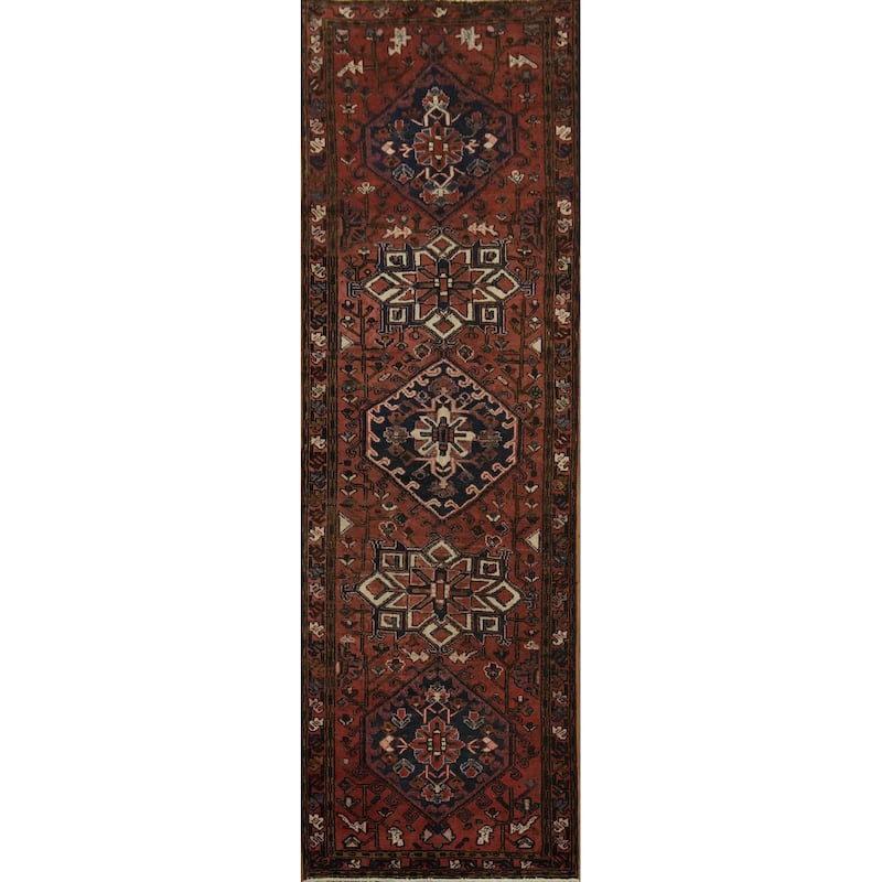 Hand Knotted Oriental 100% Wool Carpet Traditional Tribal Red Heriz Runner Rug - 10' 3'' X 3' 3''