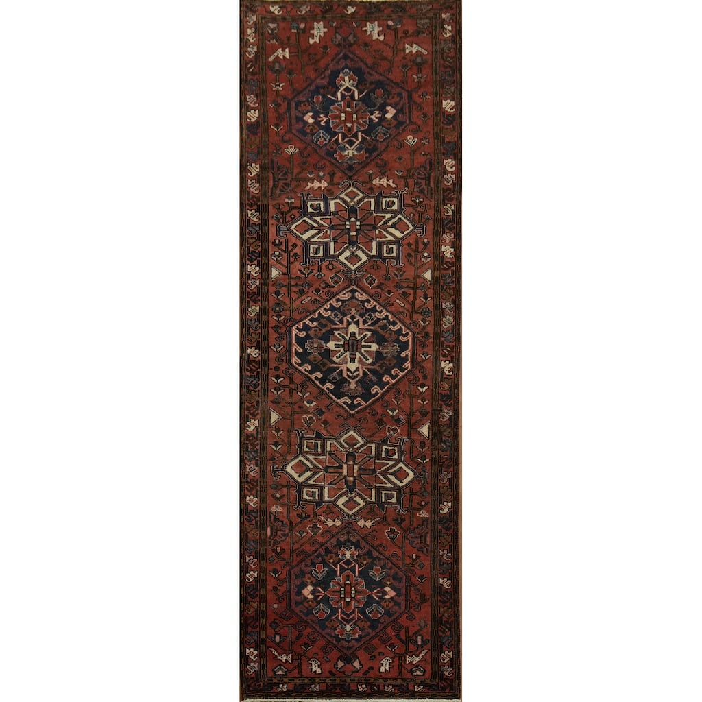Hand Knotted Oriental 100% Wool Carpet Traditional Tribal Red Heriz Runner Rug - 10' 3'' X 3' 3''